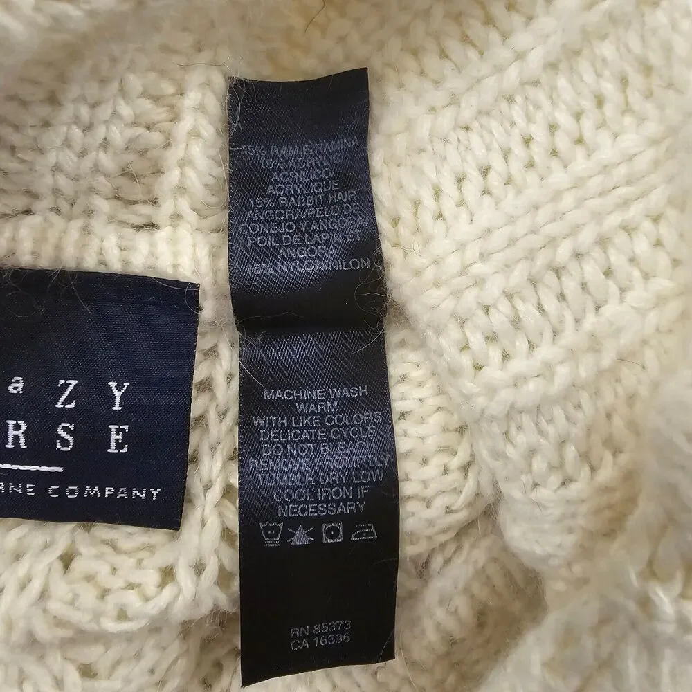 Crazy Horse Chunky Fisherman Cream Angora Blend Cable Knit Sweater Womens L Cozy